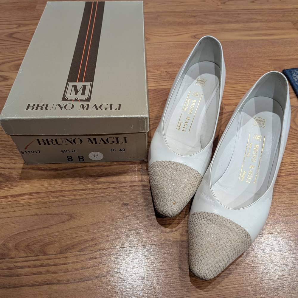 Bruno Magli White and Tan Flats with Pointed Toe